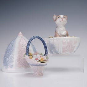 3pc Lladro Porcelain Figurines, Kitty Surprise and A Basket of Blossoms