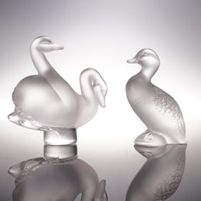 2pc Lalique Crystal Paperweight Two Swans and Happy Duck Figurine