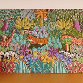 Haitian Acrylic on Linen Board Painting, Jungle Scene, Signed Penoth