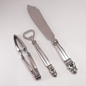 3pc Georg Jensen Sterling Silver and Stainless Steel Serveware, Acorn