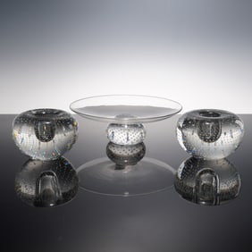 3pc Art Glass Centerpiece and Candleholders
