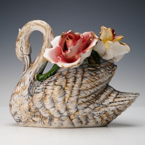 Capodimonte Italian Porcelain Swan and Floral Centerpiece