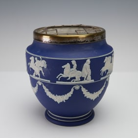 Adams Blue Jasperware Vase with Metal Flower Frog