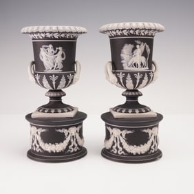 Pair of Wedgwood Black Jasperware Pedestal Vases