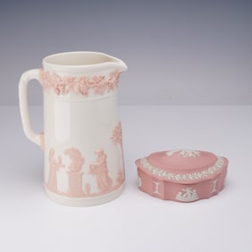 2pc Wedgwood Queens Ware Jug and Jasperware Lidded Box