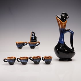 8pc Mid-Century Drip Glaze Ceramic Decanter and Cup Set