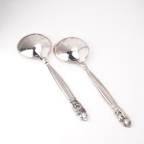 2pc Georg Jensen Sterling Silver Round Bowl Soup Spoons, Acorn