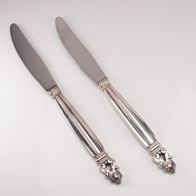 2pc Georg Jensen Sterling Silver Stainless Steel Dinner Knives, Acorn