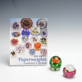 3pc Mayauel Ward and Art Glass Paperweights with Book