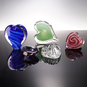 5pc Collection of Art Glass Heart Paperweights