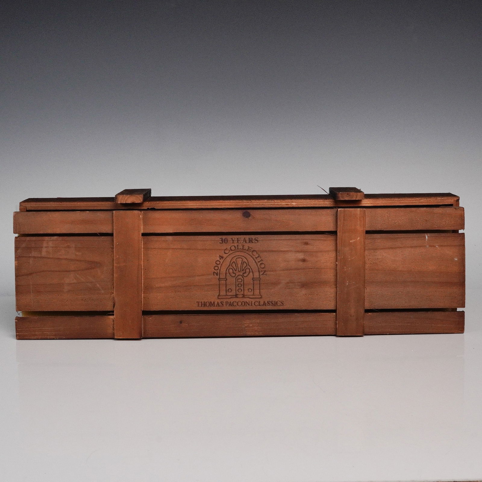 Thomas Pacconi Classics Glass Ornament Set in Wooden Box: Charming Thomas Pacconi Classics 6-piece hand-blown glass ornament set from the 2004 30 Years Collection, presented in its original wooden crate-style box with fitted black velvet interior and accompa