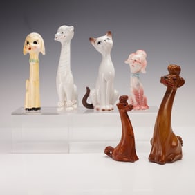 6pc Collection of Porcelain & Wood Dog and Cat Figurines