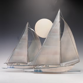 Curtis Jere Style Metal Wall Sculpture, Sailboats with Sun, Signed