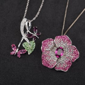 2pc Sterling Silver Butterfly and Floral Pendant Necklaces