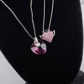 2pc Sterling Silver Pink Heart Pendant Necklaces