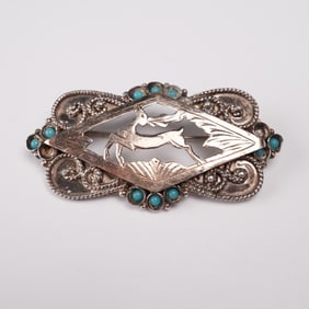 Vintage Sterling Silver Brooch with Turquoise Beads, Leaping Deer Design