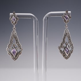 Pair of Sterling Silver Drop Earrings with Amethyst and Marcasite