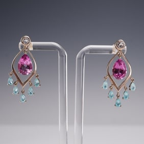 Pair of Sterling Silver Earrings with Pink Sapphire, Aquamarine, and Topaz