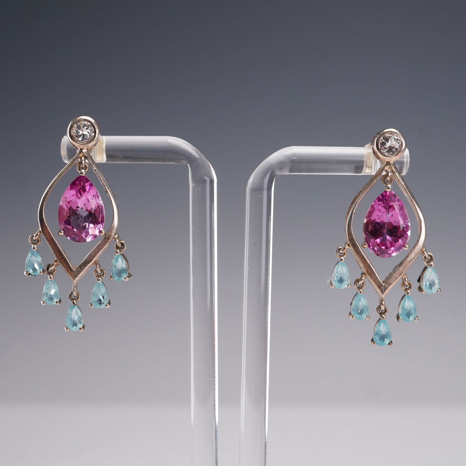 Pair of Sterling Silver Earrings with Pink Sapphire, Aquamarine, and Topaz (1 of 5)