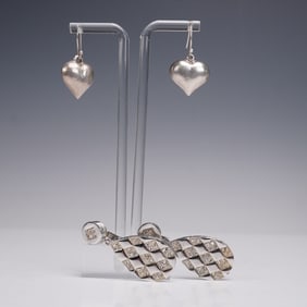 2 Pairs of Drop Earrings, Silver Hearts and Rhinestone