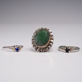 3pc Rings with Nephrite, Blue, and Red Stones