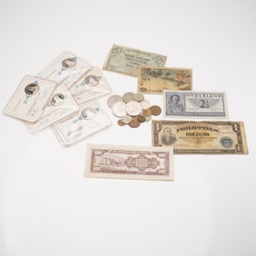7pc Assorted Vintage International Banknotes & Coins