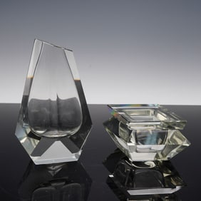 2pc Glass Art Deco Prism Faceted Vase with Lidded Bowl Set