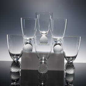6pc Art Glass Water Goblets with Controlled Bubble Bases