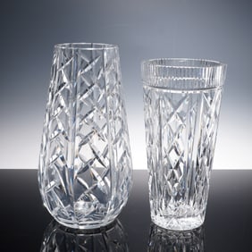2pc Waterford Crystal Geometric Diamond Cut Vases