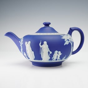 Wedgwood Blue Jasperware Teapot with Lid, Classical Relief Decoration