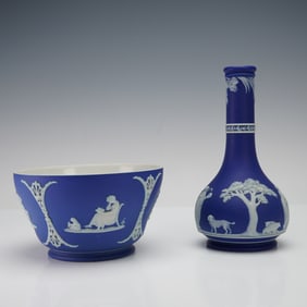2pc Wedgwood Blue Jasperware Bowl and Bottle Vase