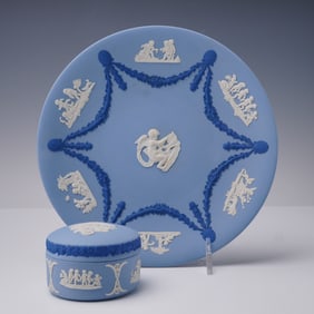 2pc Wedgwood Blue Jasperware Plate and Covered Box
