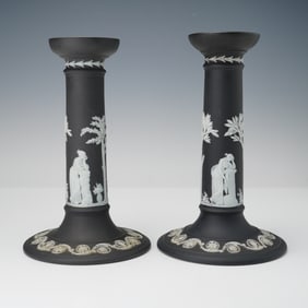 2pc Wedgwood Black Basalt Jasperware Candlesticks