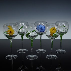 6pc Hand Painted Floral Balloon Wine Goblets
