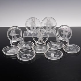 12pc Val Saint Lambert Zodiac Glass Coasters
