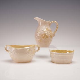 3pc Belleek Parian Miniature Pitcher, Open Sugar, and Butter Tub