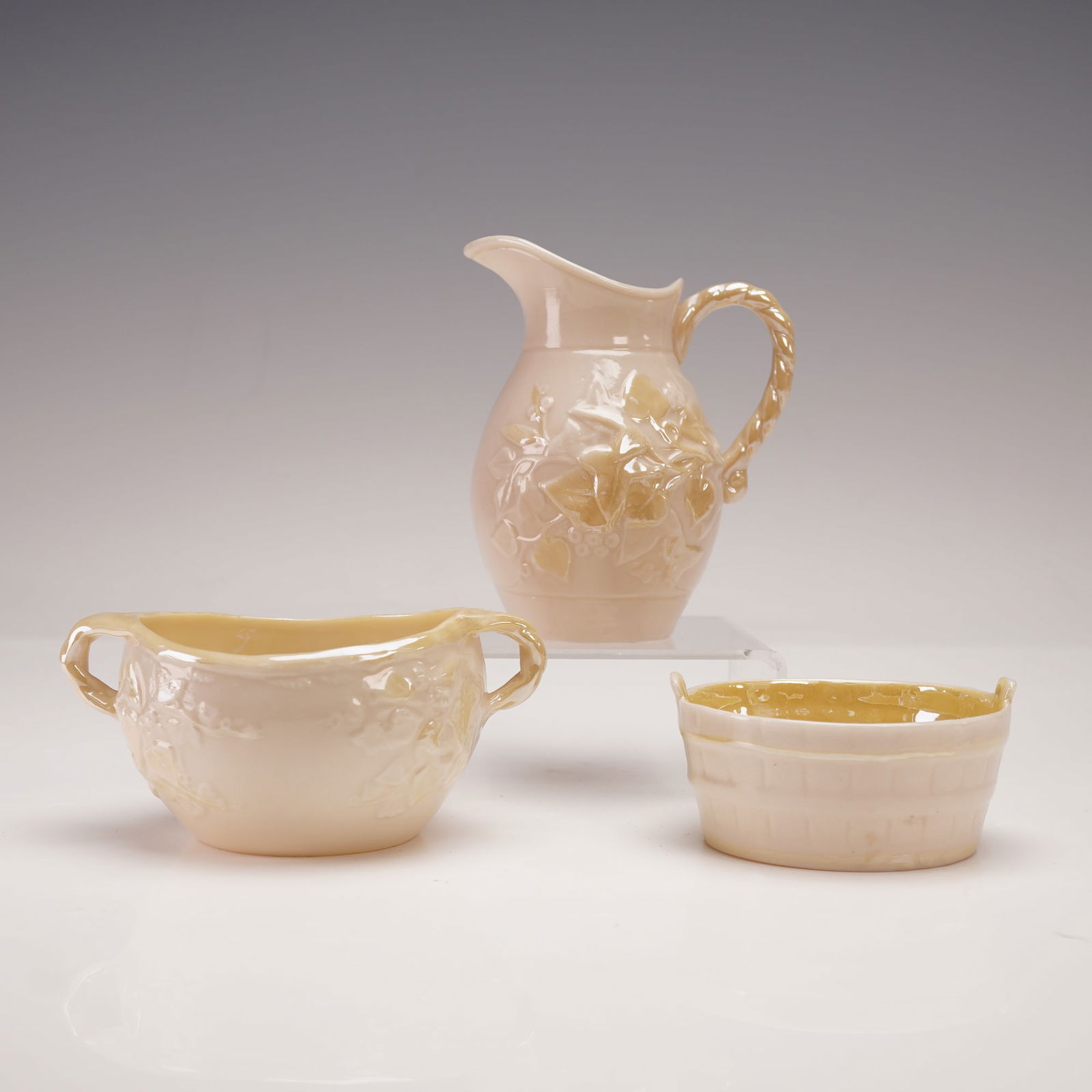 3pc Belleek Parian Miniature Pitcher, Open Sugar, and Butter Tub (1 of 7)