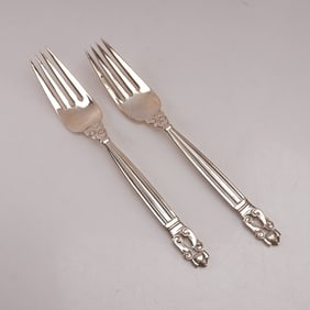 2pc Georg Jensen Sterling Silver Luncheon Forks, Acorn