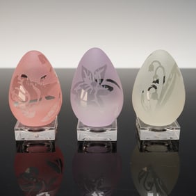 3pc Clear and Frosted Glass Etched Floral Egg Figurines with Bases