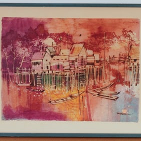 Lee Long Looi, Batik on Rice Paper, Waterfront Village Scene, Signed