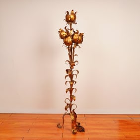 Hollywood Regency Italian Gilt Style Metal Floral Floor Lamp