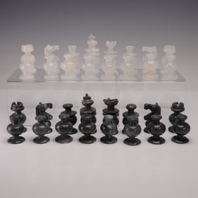 32pc Carved Black and White Stone Chess Pieces
