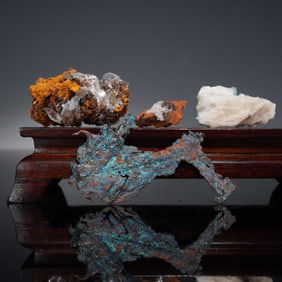 4pc Mineral Specimens, Fluorapatite, Tourmaline, Copper Ore & Hemimorphite