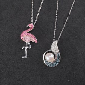 2pc Sterling Silver Pearl and Flamingo Pendant Necklaces