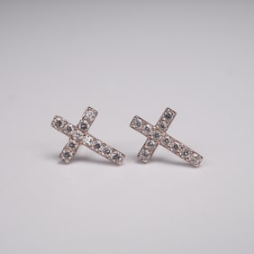Pair of Sterling Silver Cross Stud Earrings with Clear Stones