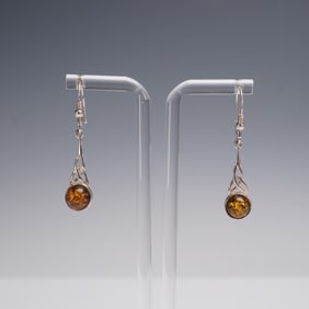 Pair of Sterling Silver Drop Earrings with Amber Cabochons
