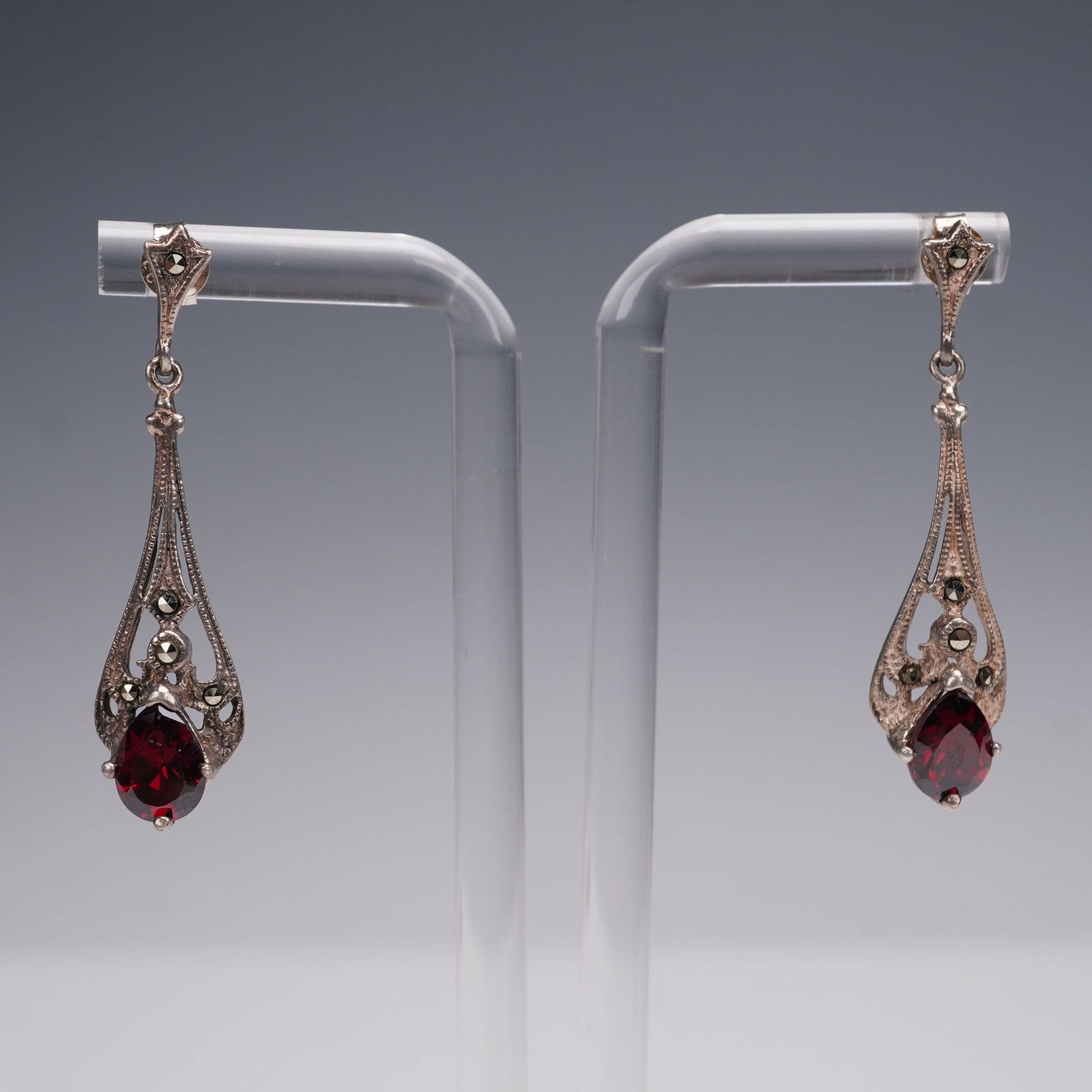 Pair of Sterling Silver Drop Earrings with Garnet and Marcasite (1 of 6)