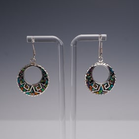 Pair of Sterling Silver Mosaic Inlay Drop Earrings