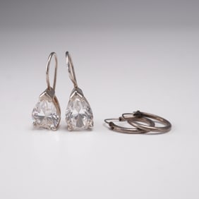 2 Pairs of Earrings, Sterling Silver Pear Shape Drops and Hoops