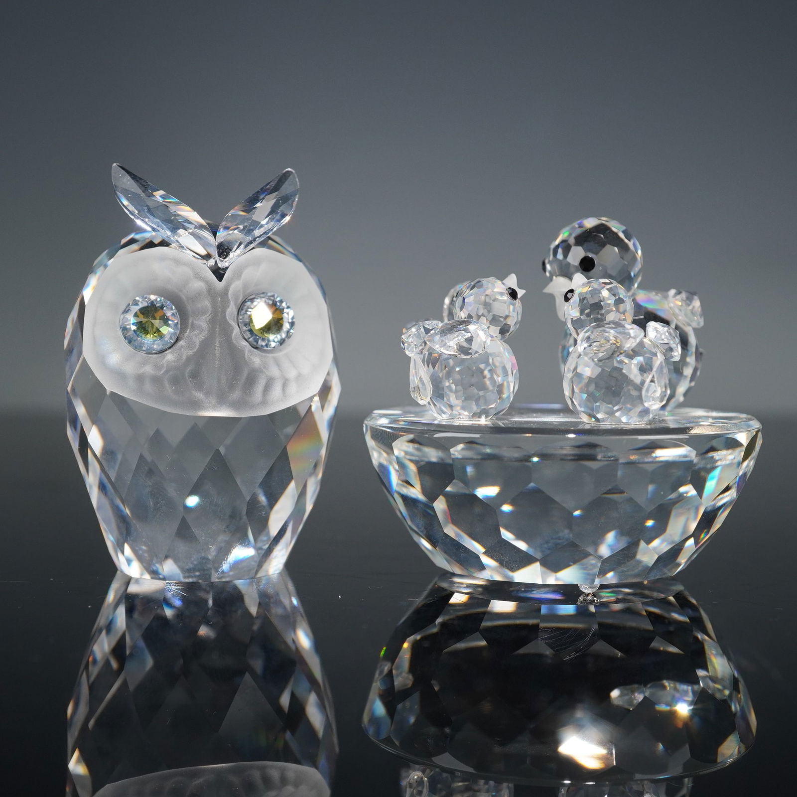 2pc Swarovski Silver Crystal Figurines, Owl and Birds Nest (1 of 6)